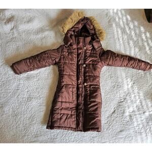 Quilted Brown Winter Coat, Faux Fur Hood, Calvin Klein Jeans Kids Size Large